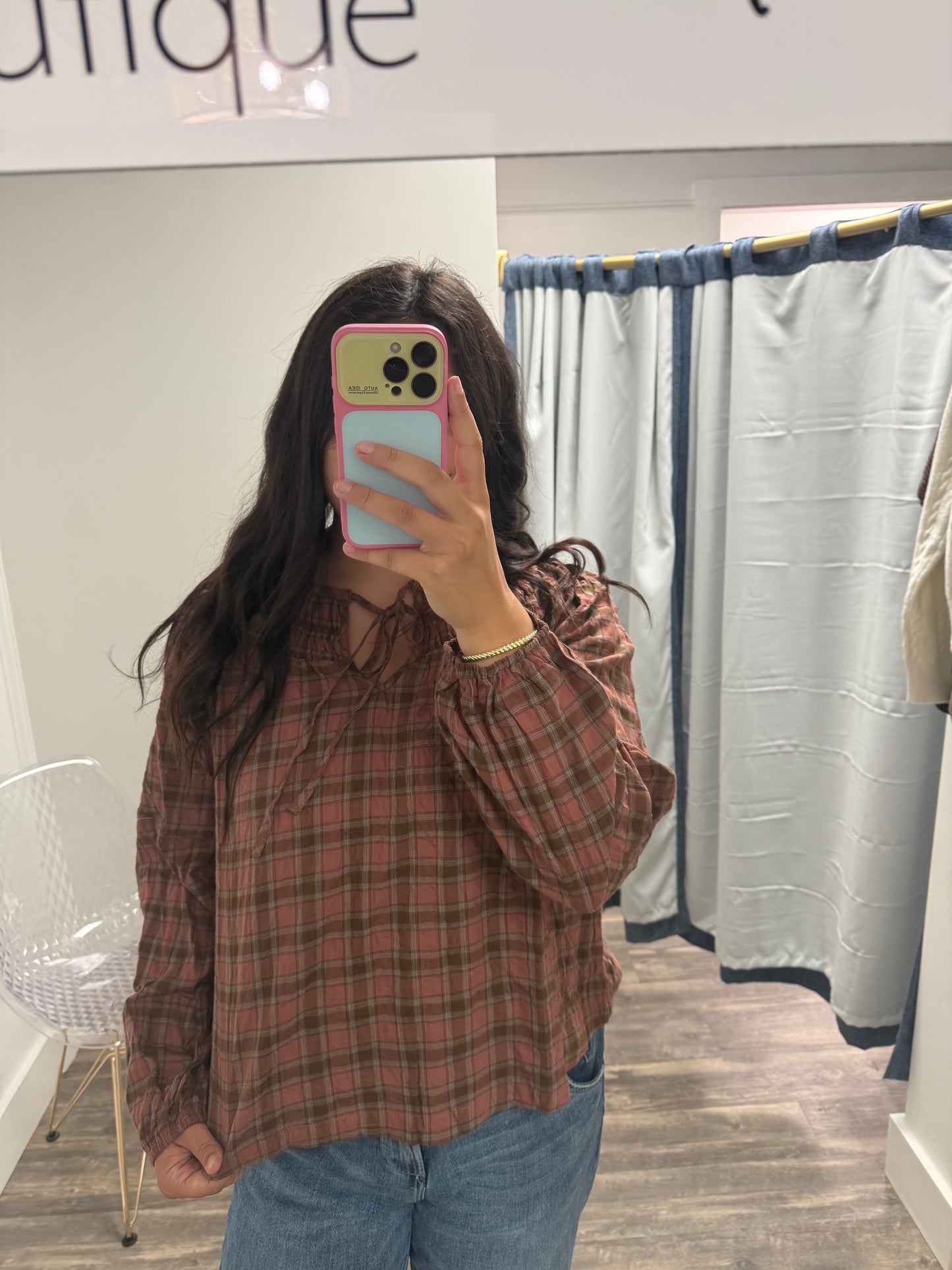 Plaid Shirred Yoke Top