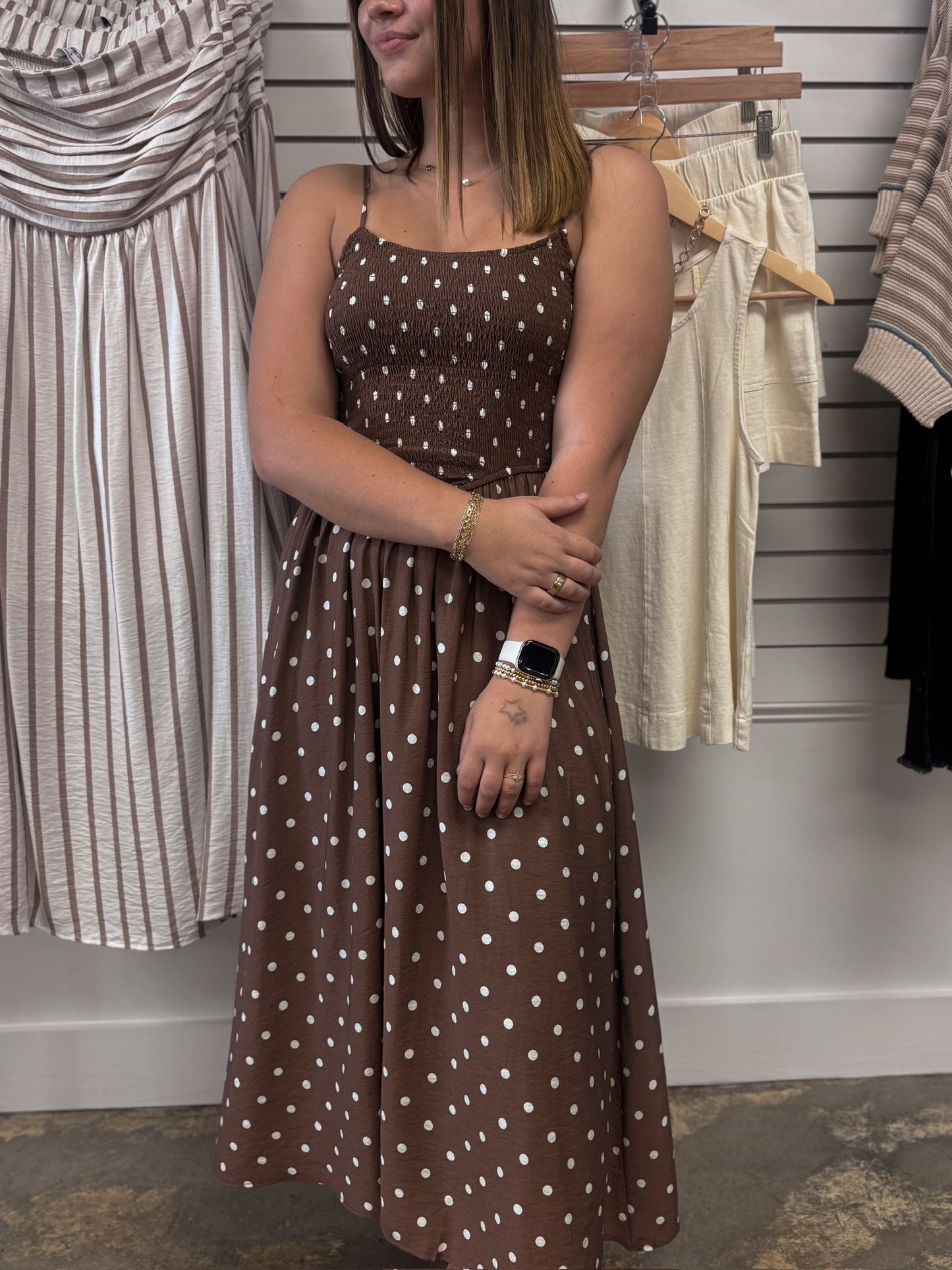 Polka Dot Smocked Midi Dress