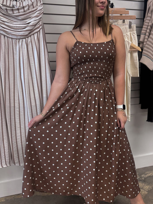 Polka Dot Smocked Midi Dress