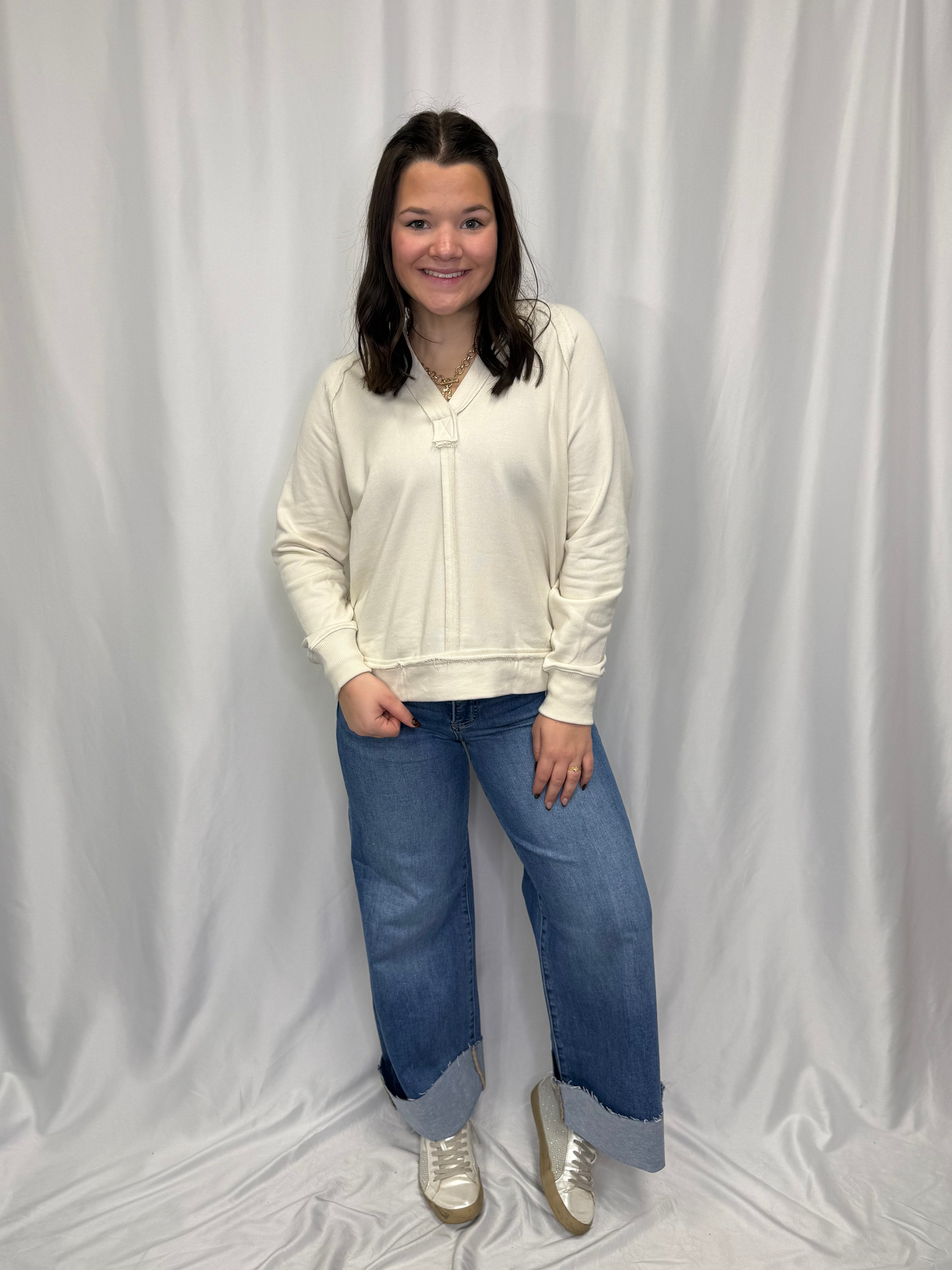 Hooded V Neck Raw Edge Top