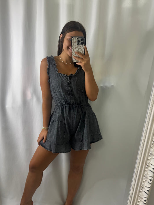 Washed Chambray Denim Frayed Romper