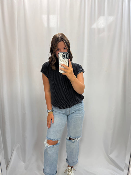 Short Sleeve Button Sweater