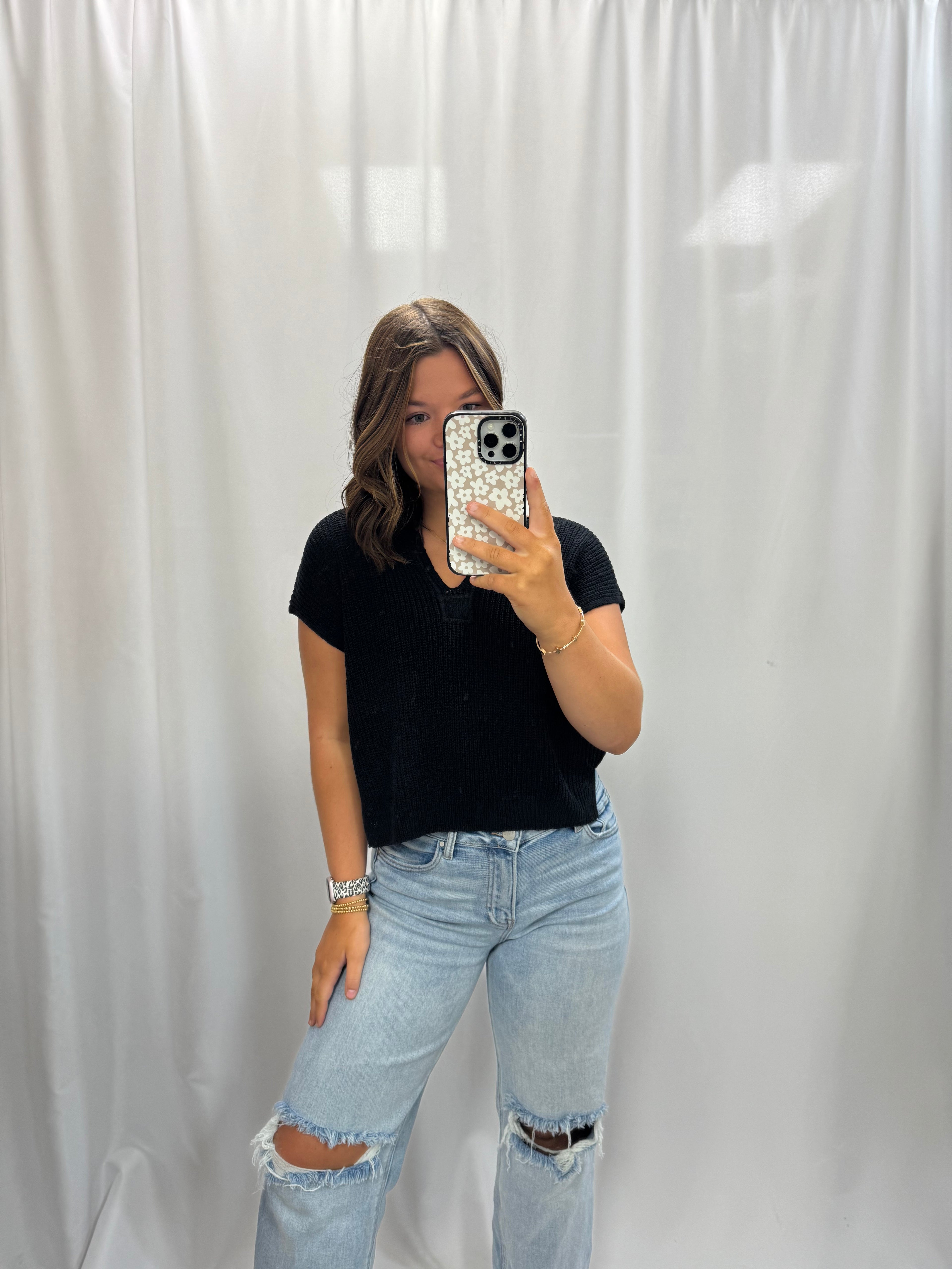 Split Neck Short Sleeve Knit Pullover