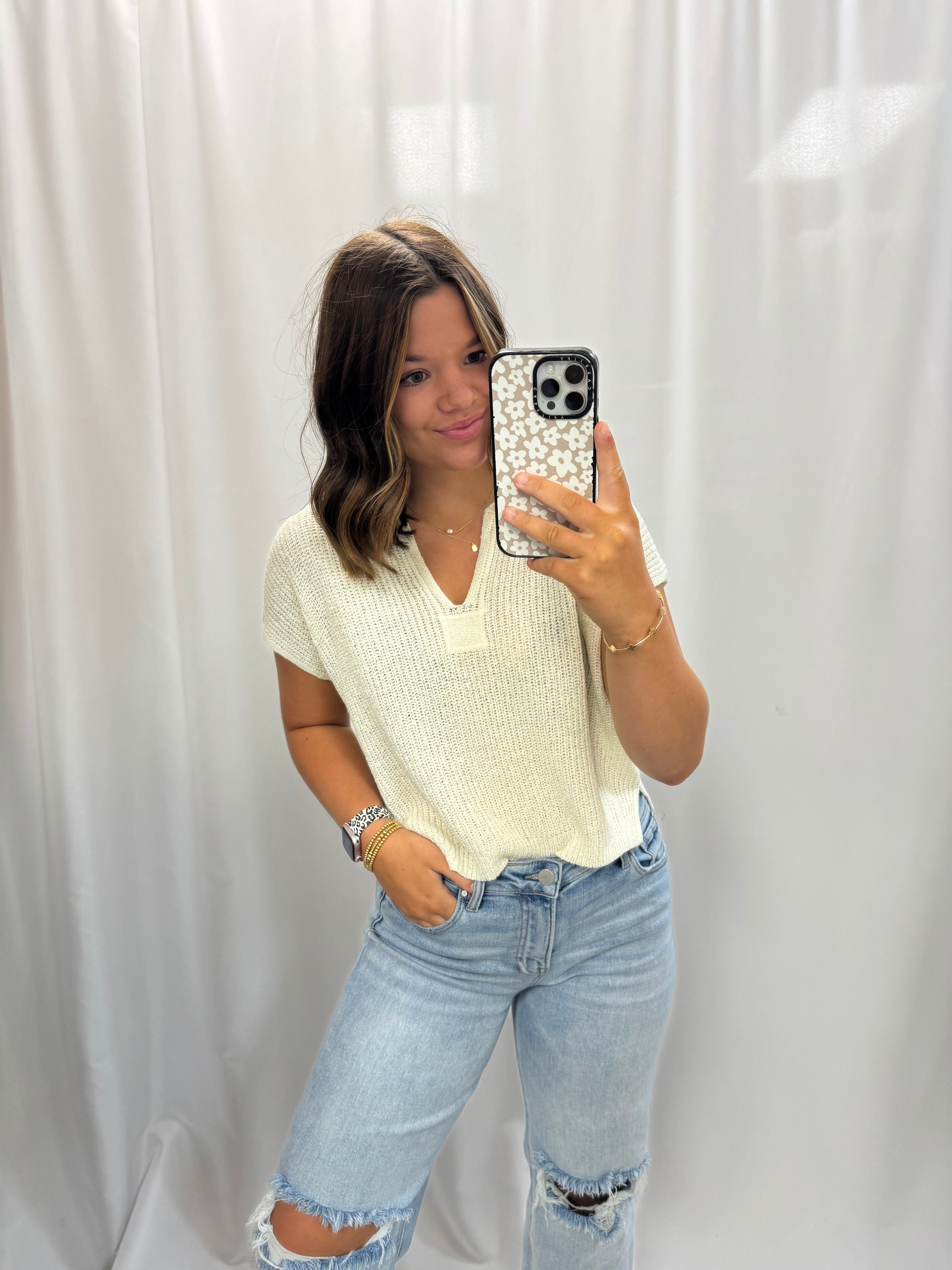 Split Neck Short Sleeve Knit Pullover