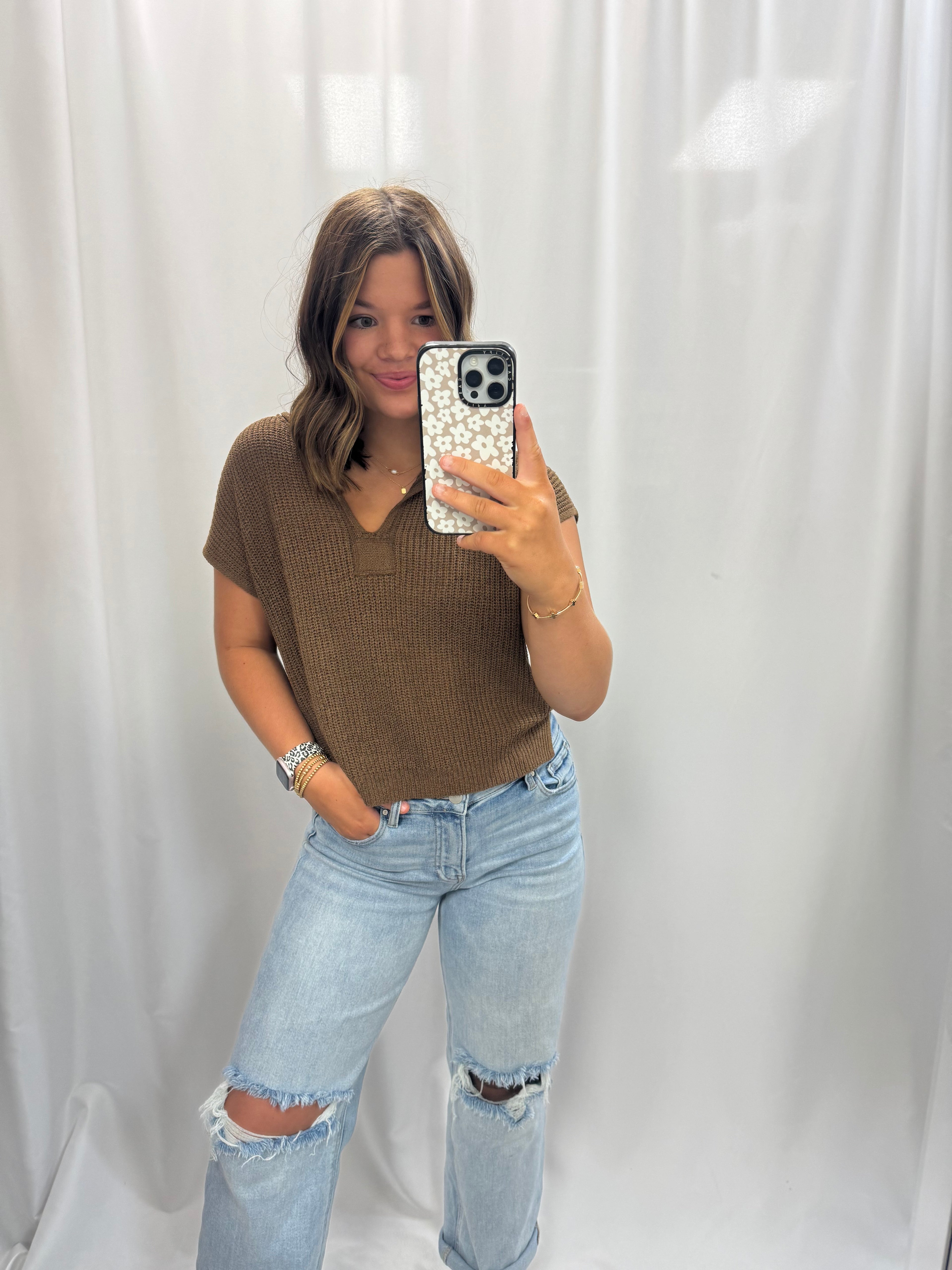 Split Neck Short Sleeve Knit Pullover