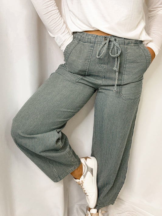 Stripe Denim Waist Tie Parachute Pants