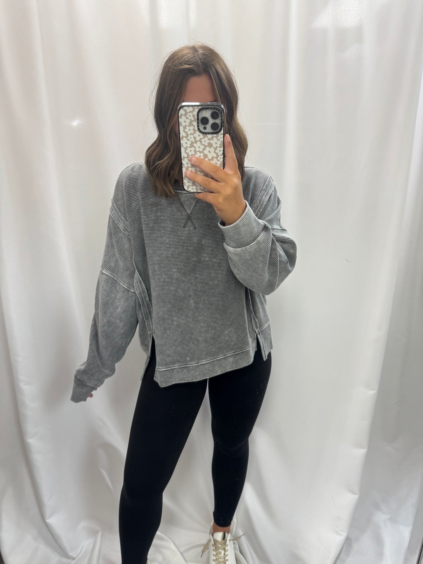 Washed Exposed Seam Side Slit Knit Top
