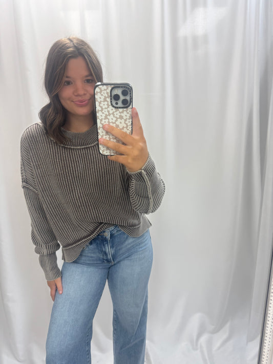 Washed Side Slit Oversized Cropped Sweater