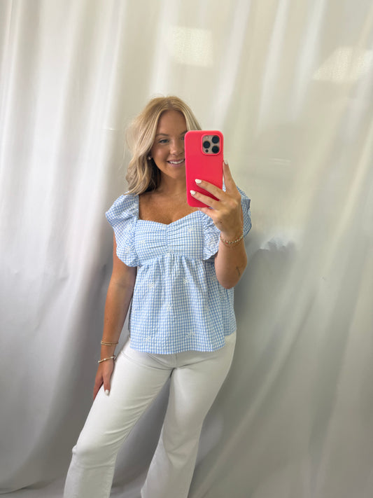 Embroidered Check Sleeveless Blouse