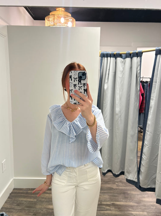 Striped Linen Ruffle Blouse