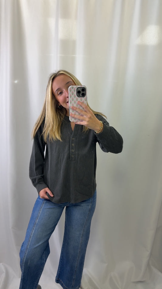 Washed Ribbed Henley Top
