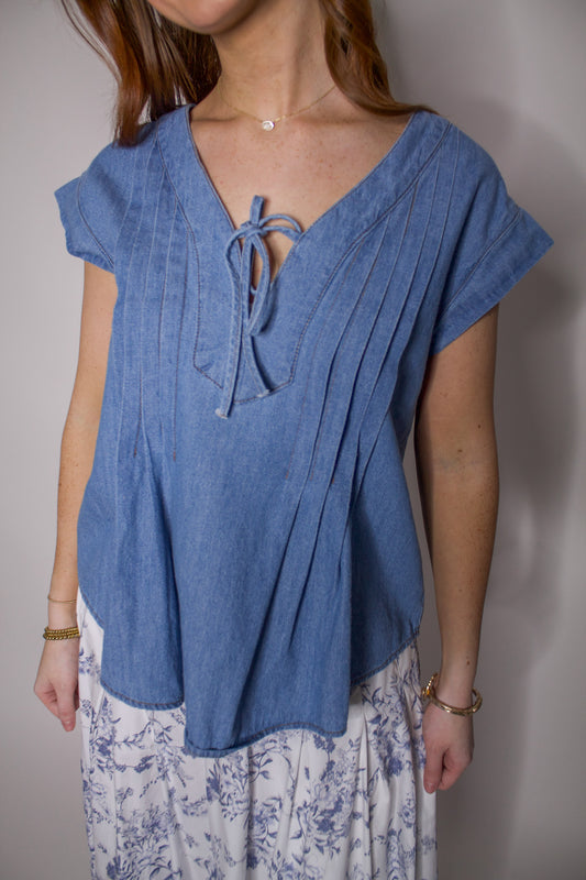 Front Tie Pintuck Detail Chambray Top