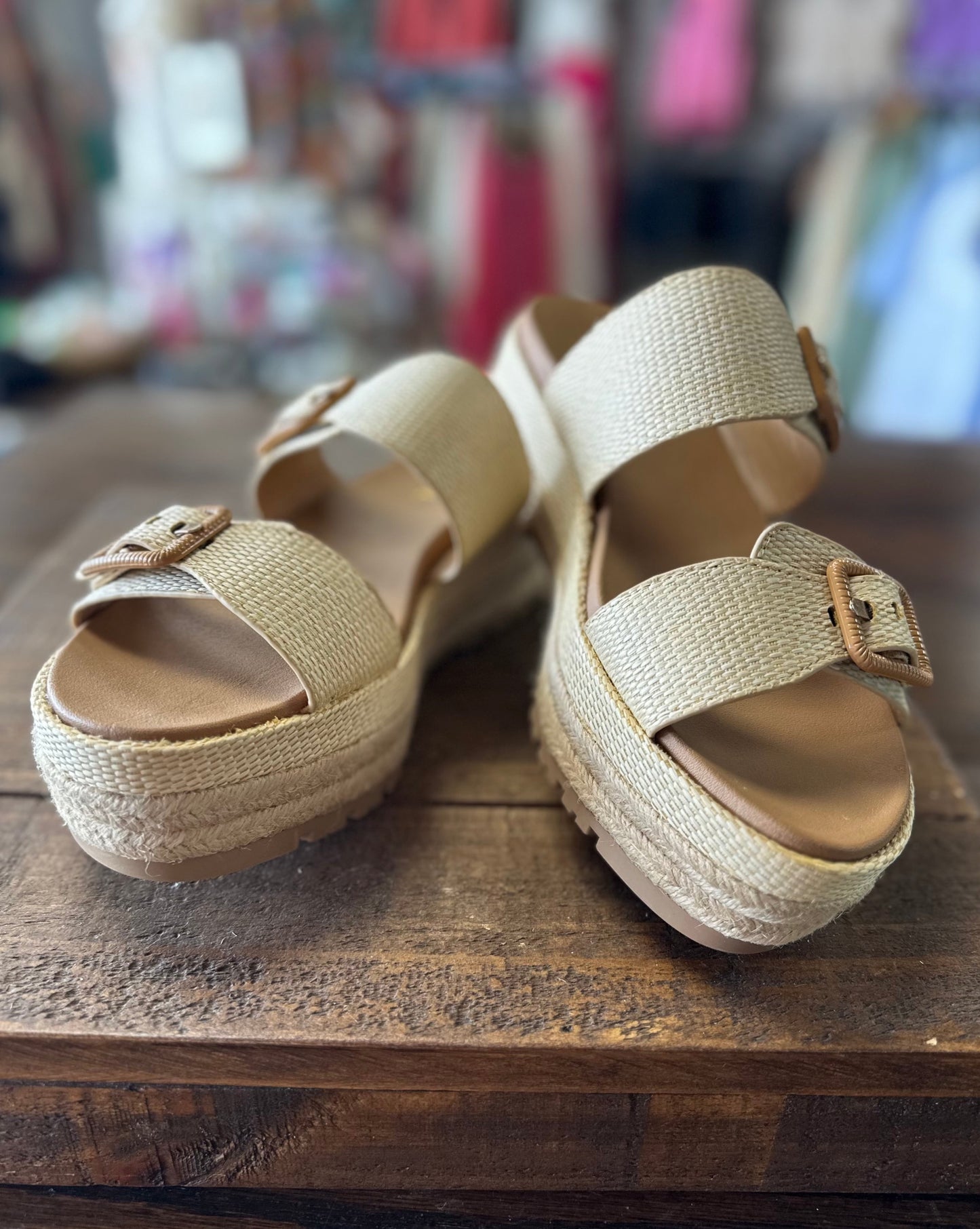 Double Band Platform Flat Sandals-Natural Beige Raffia