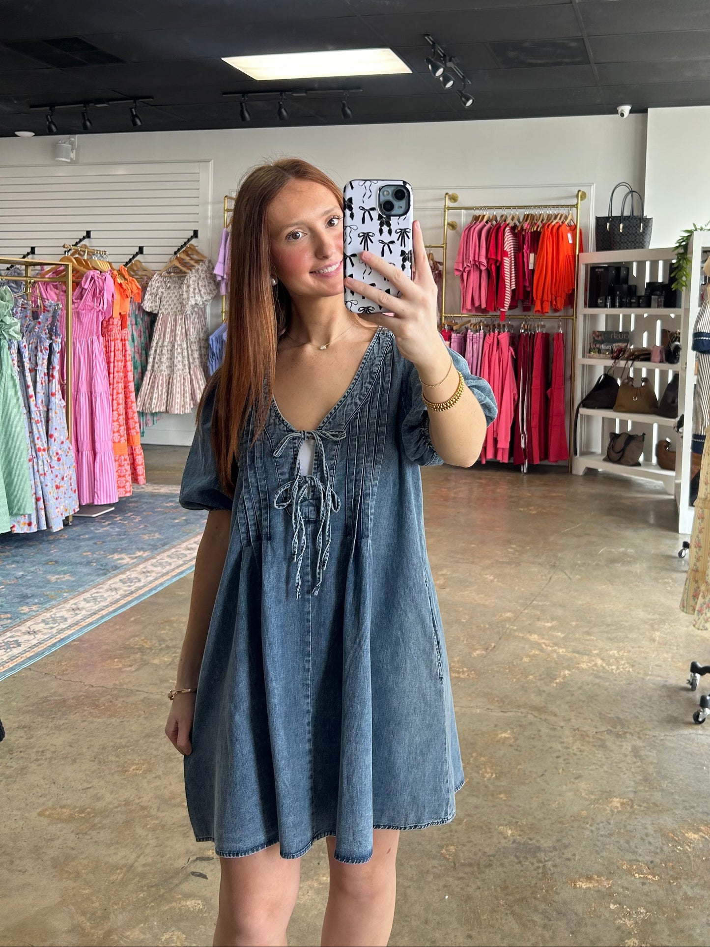 Pleated Front Tie Denim Mini Dress