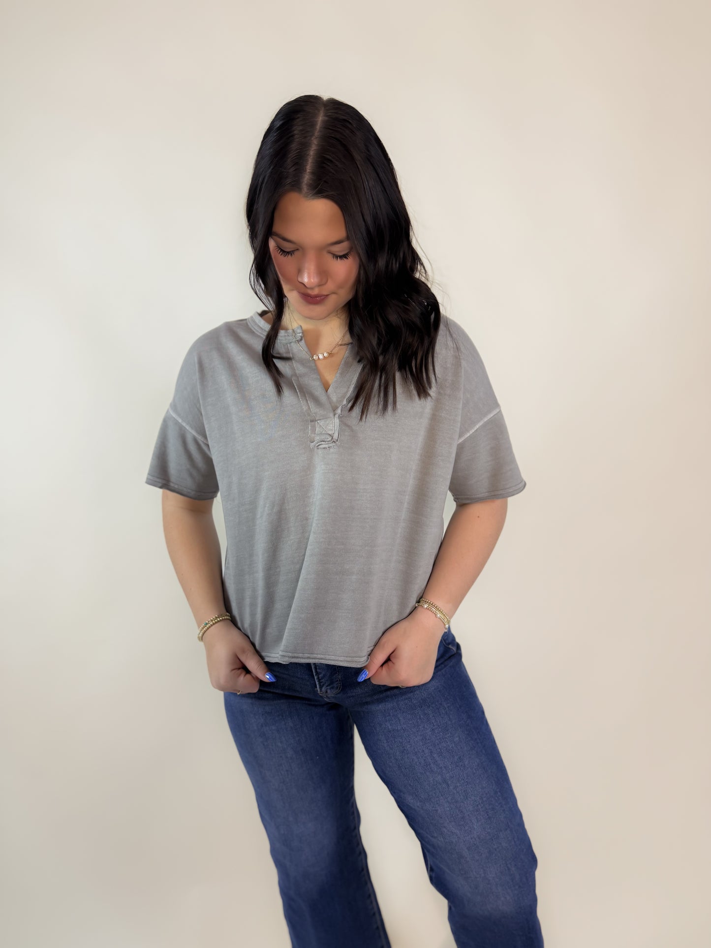 Washed Split-Neck Knit Top