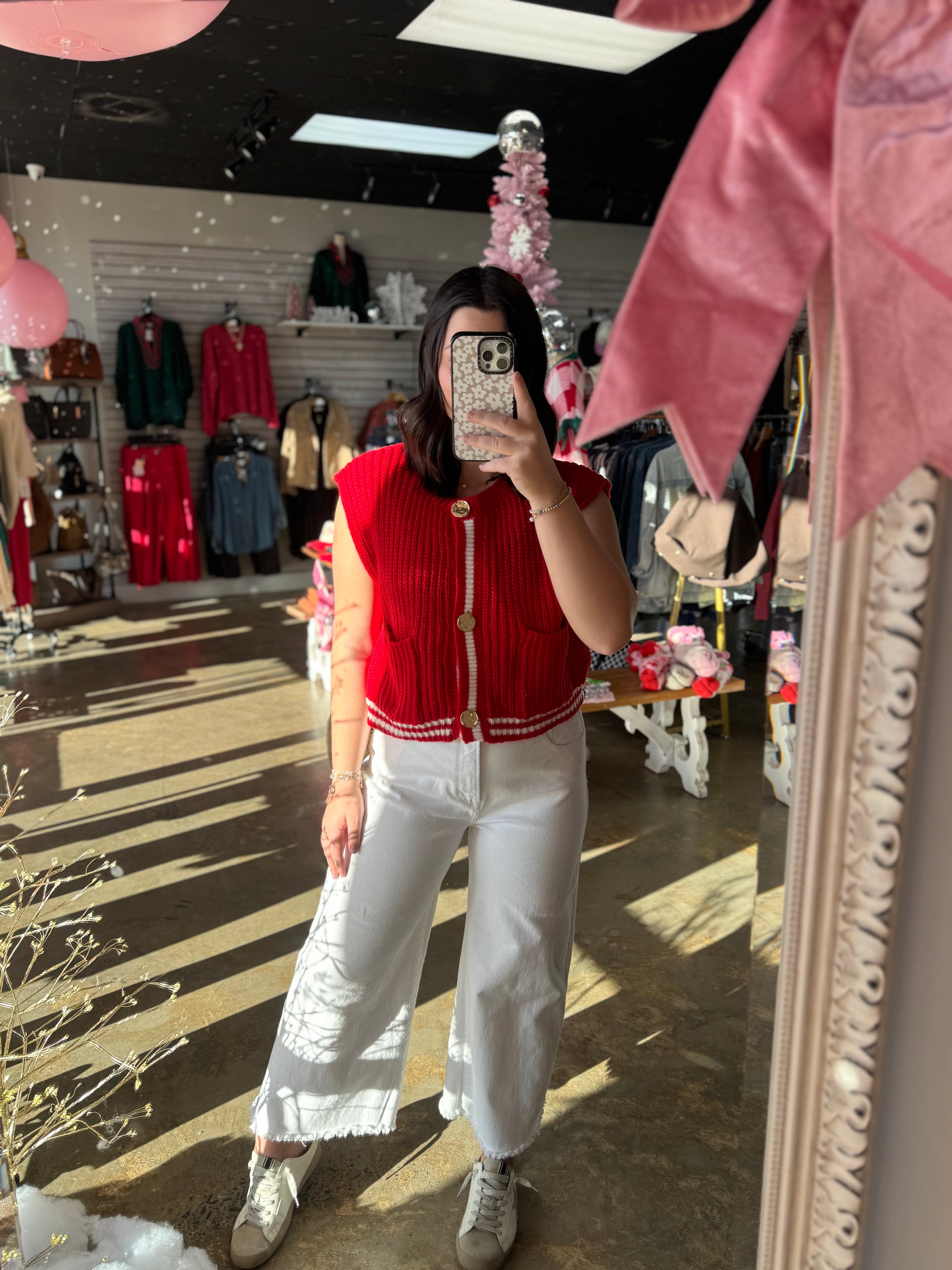 Button Front Stripe Edge Knitted Sweater