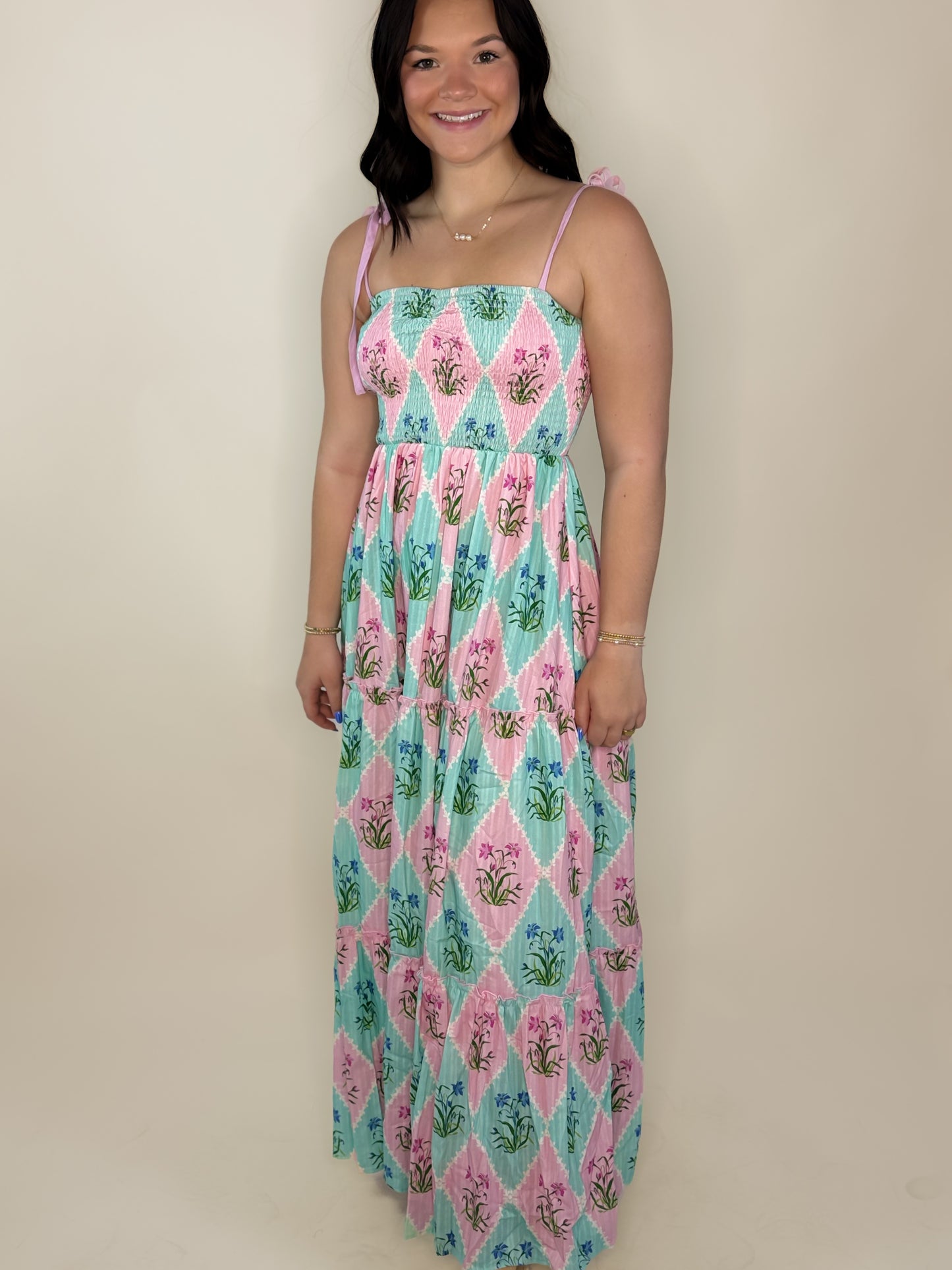 Rhombus Smocked Tier Maxi Dress