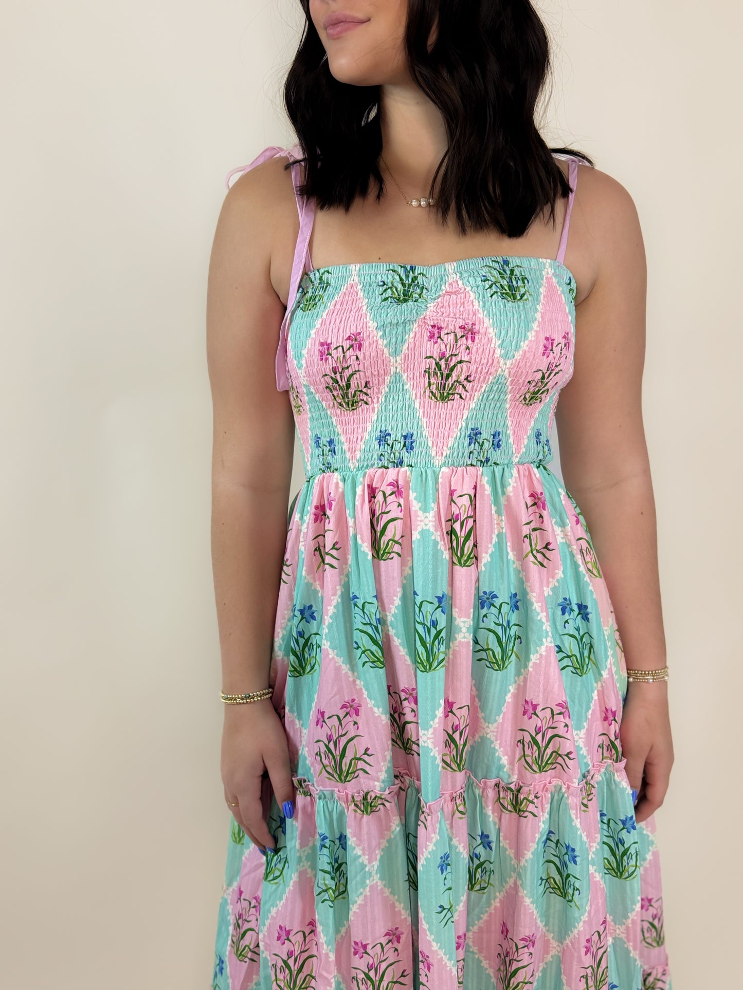 Rhombus Smocked Tier Maxi Dress