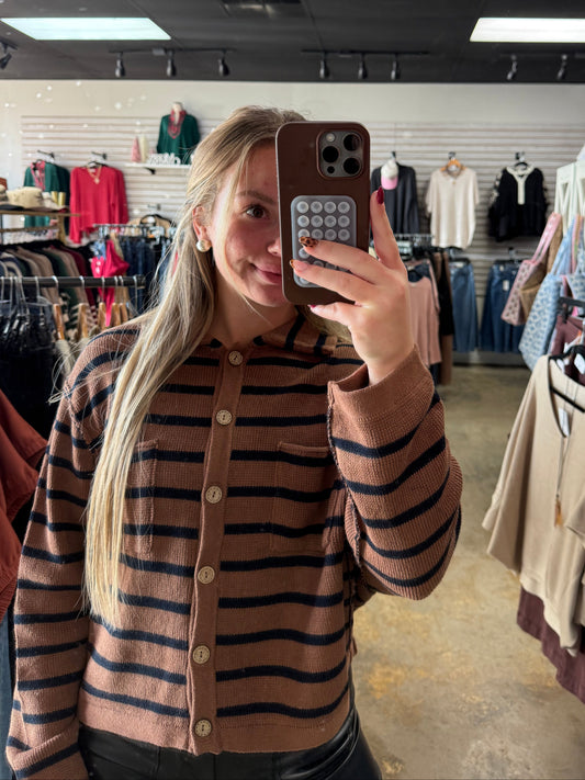 Stripe Collared Exposed Seam Cardigan