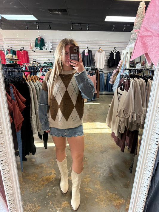 Distressed Denim Sleeve Knit Sweater