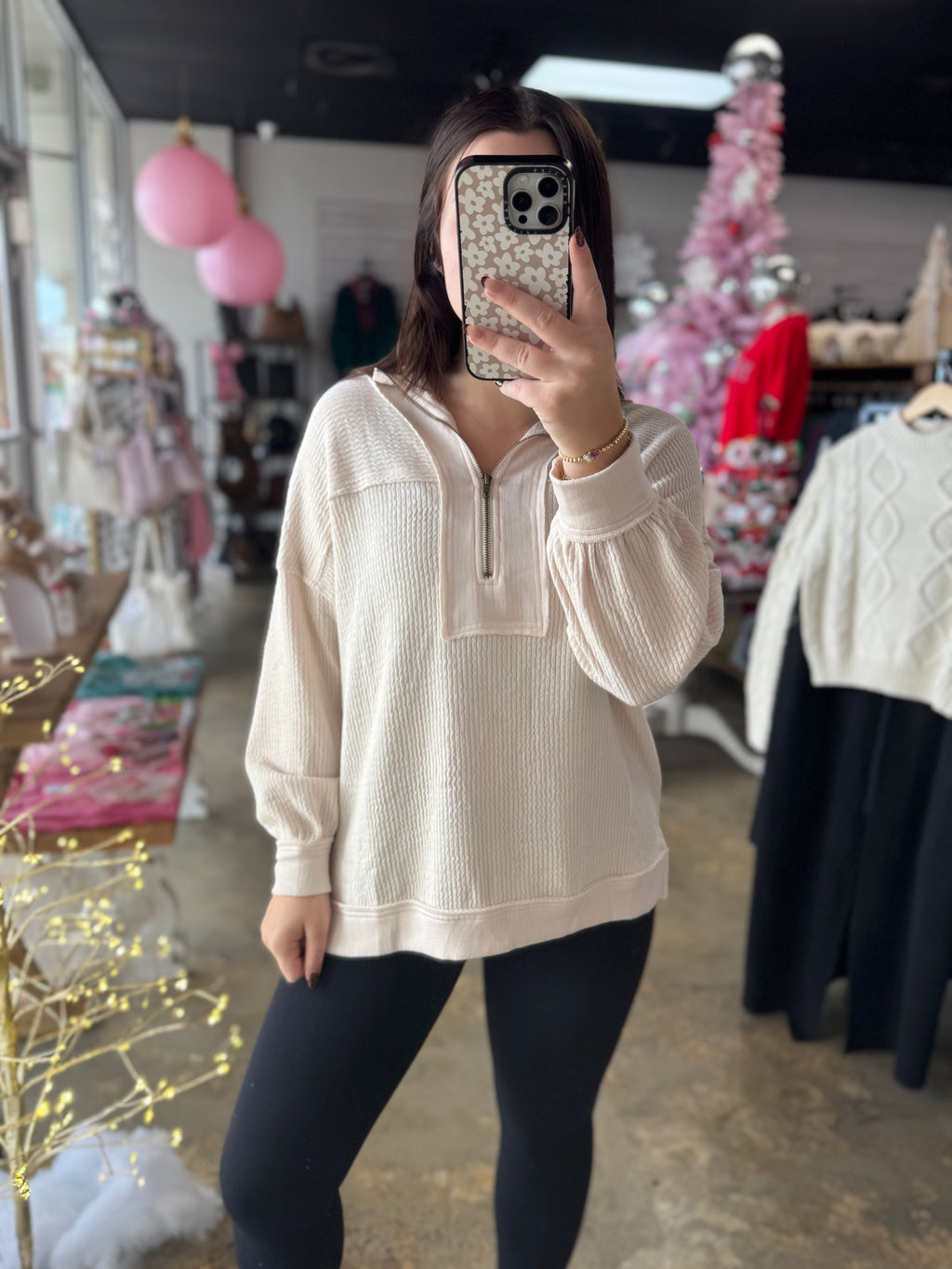 Half Zip Collared Waffle Knit Top