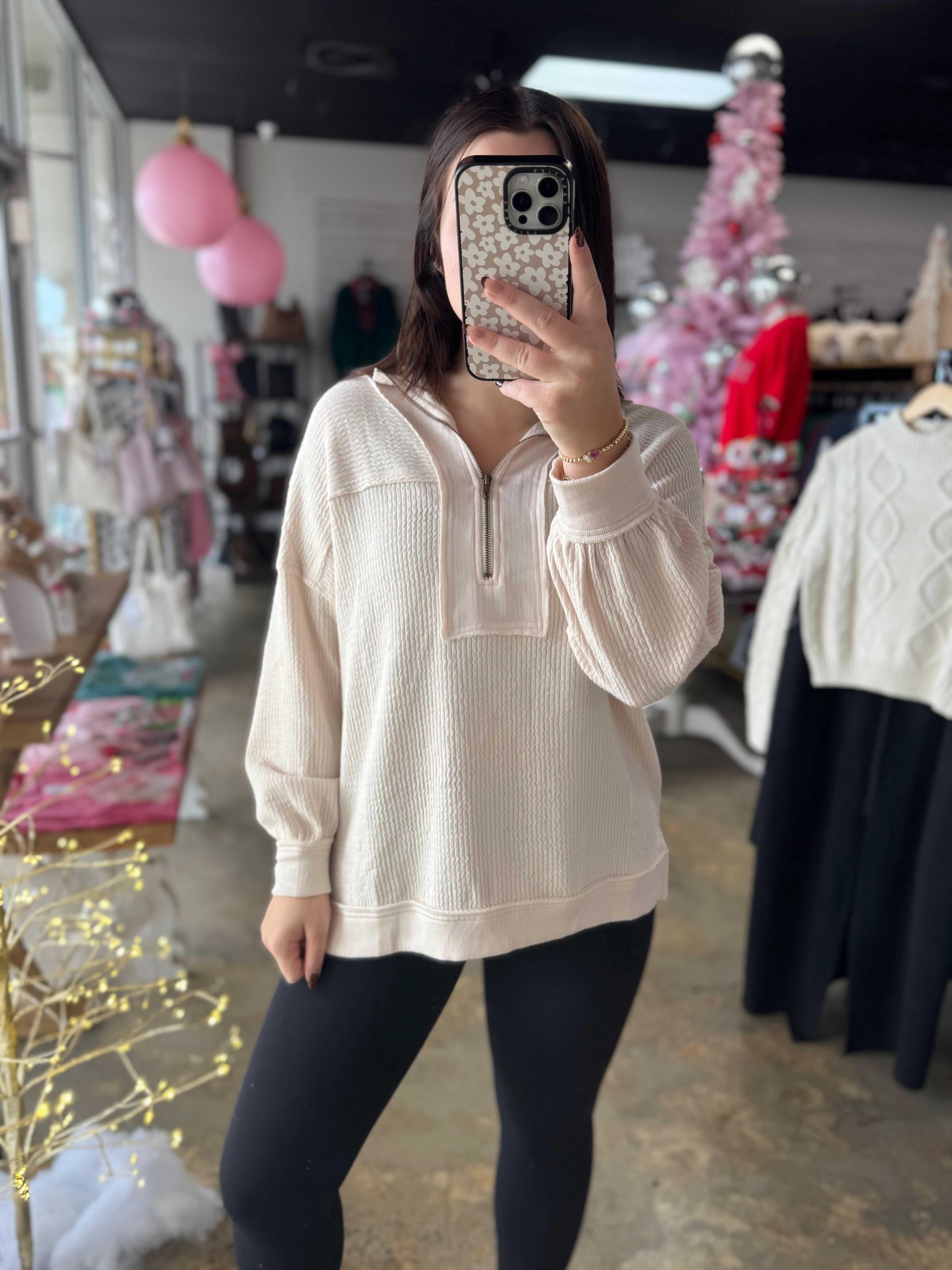 Half Zip Collared Waffle Knit Top