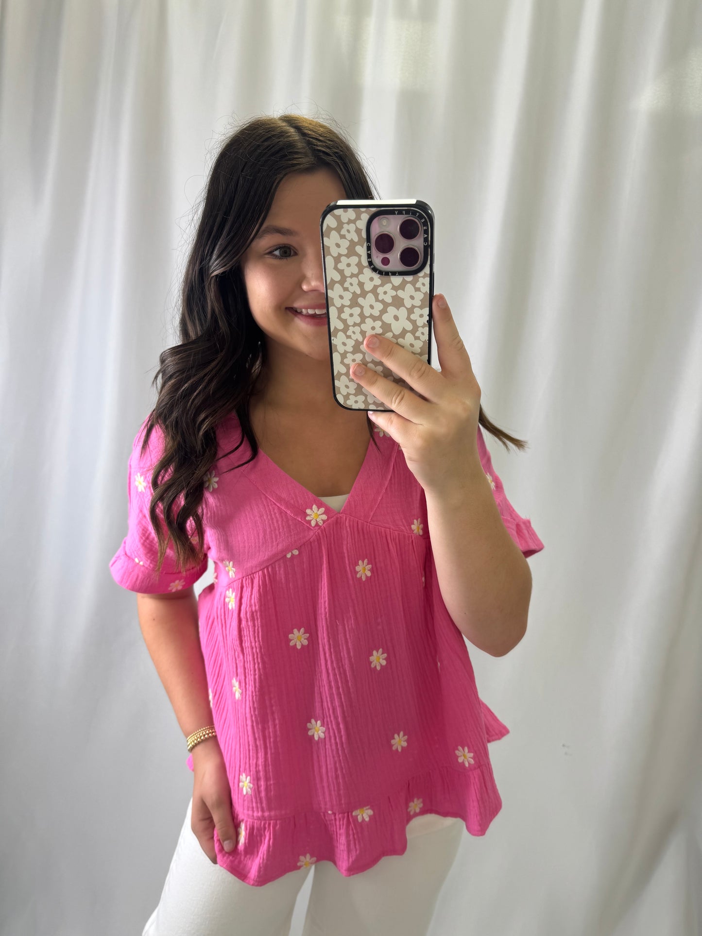 Flower Embroidered Woven Blouse Top