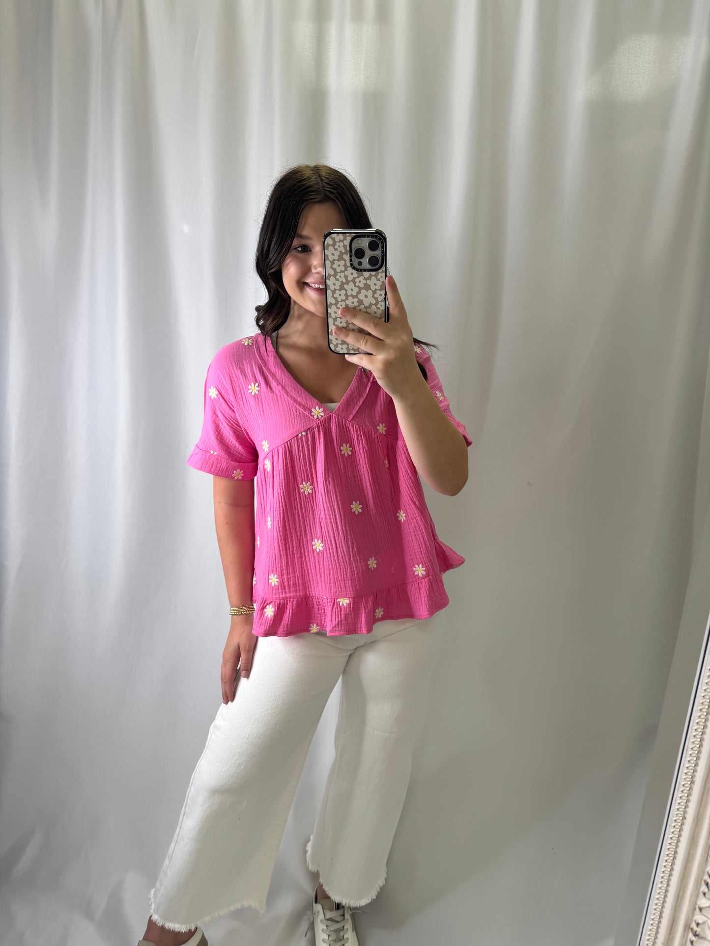 Flower Embroidered Woven Blouse Top