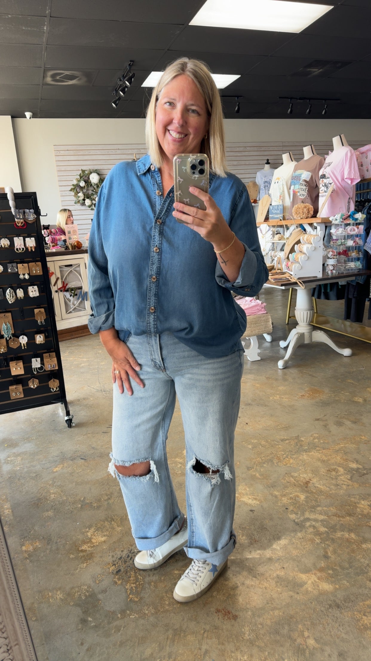 Chambray 3/4 Tab Sleeve Shirt