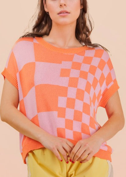 Checkered Knit Casual Sweater Top